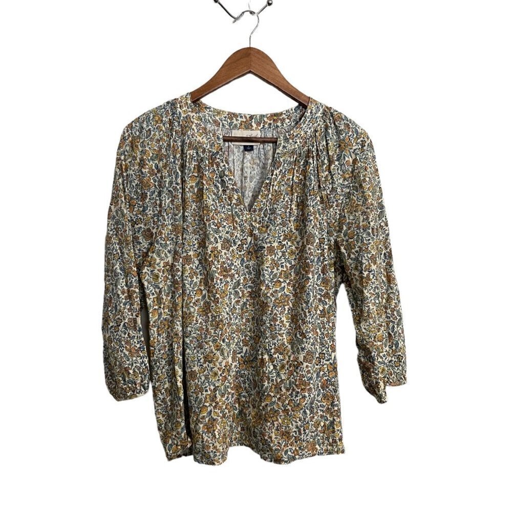 Universal Thread Women White Split Neck Floral Bohemian Cottagecore Blouse Small